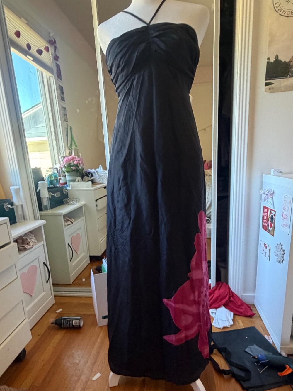 Vintage Y2K Express Black Halter Maxi Dress w/ Pink Flower Graphic XS
